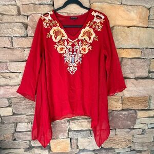 Tunique M Red Embroidered BOHO V Neck Bell Sleeve Asymmetrical Tunic Top Womens